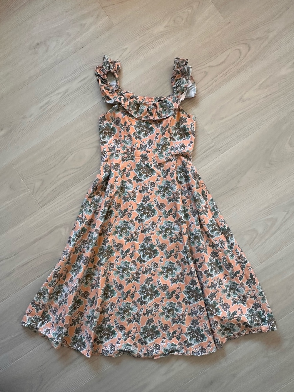 Ann Taylor Floral Ruffle Strap Midi Dress in Peach